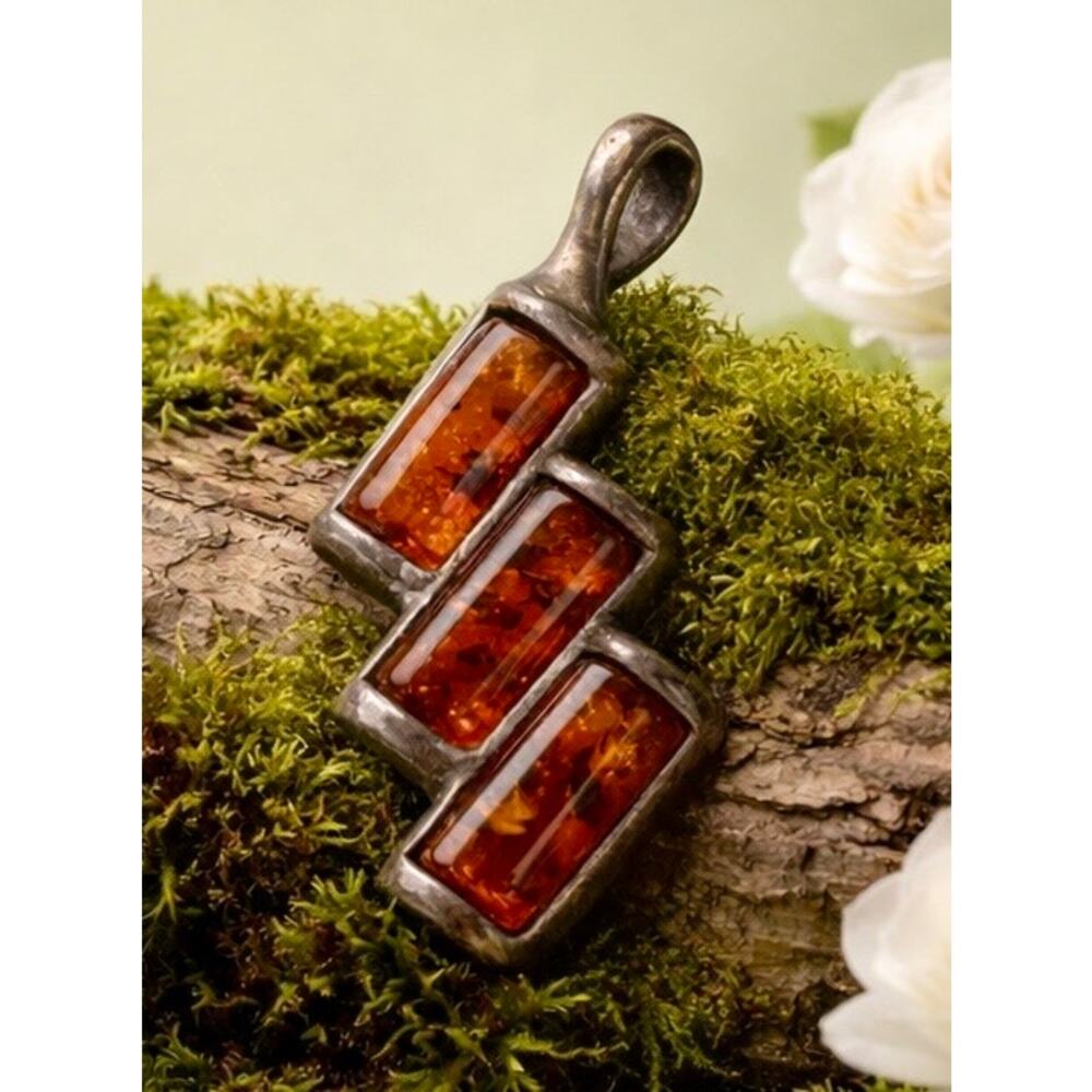 Vintage Amber Unique Pendant 925 Sterling Silver Antique